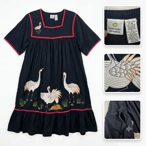 Vintage Smithsonian Institution Dress Womens XL Black Embroidered Cranes Midi